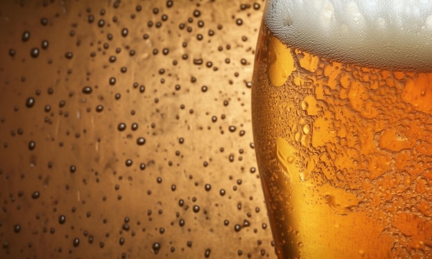 A glass of beer with bubbles on a brown background