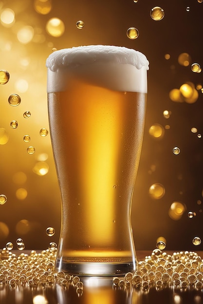 a glass of beer with bubbles on a gold background.