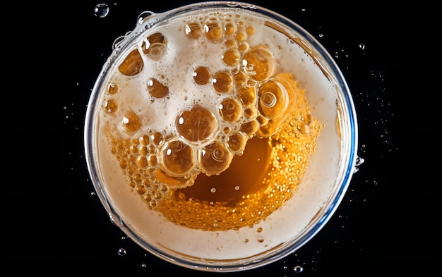 A glass of beer with bubbles on it