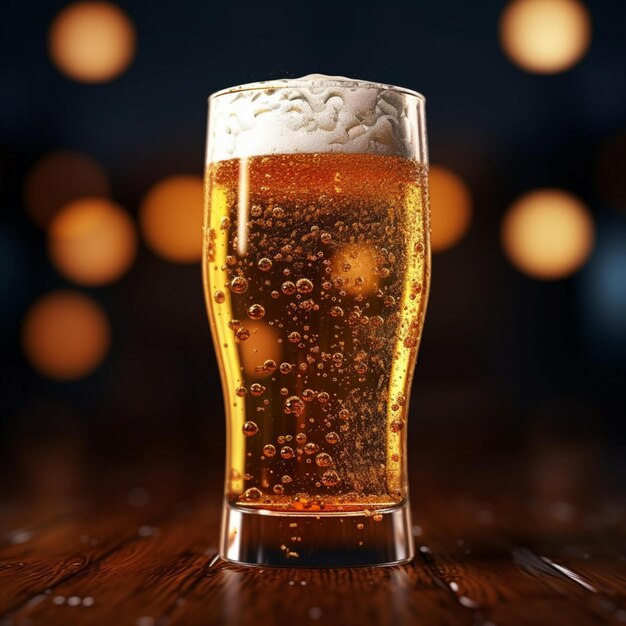 A glass of beer with bubbles on the top