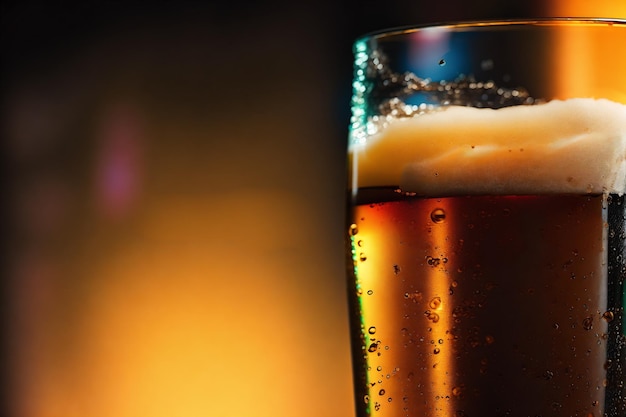 A glass of beer with bubbles on the top