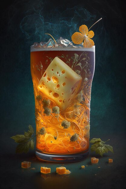 a glass of beer with cheese and orange slices.