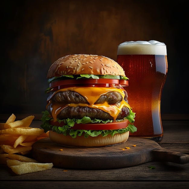 Glass of beer with cheeseburger and chips