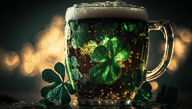 Glass of beer with clover leaves on bokeh background St Patrick's day concept Generative AI