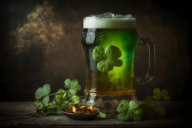 A glass of beer with clovers on it