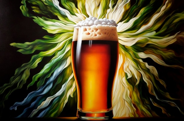 Glass of beer with colorful abstract wavy pattern on a black background Generative AI