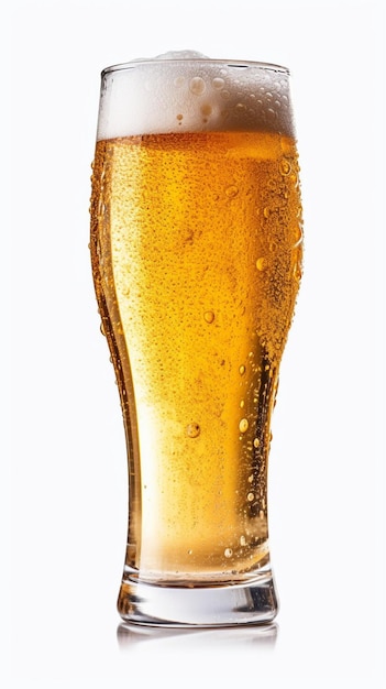 Glass of beer with condensation on it on white background