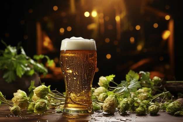 A glass of beer with cones of hops on a wooden table 1