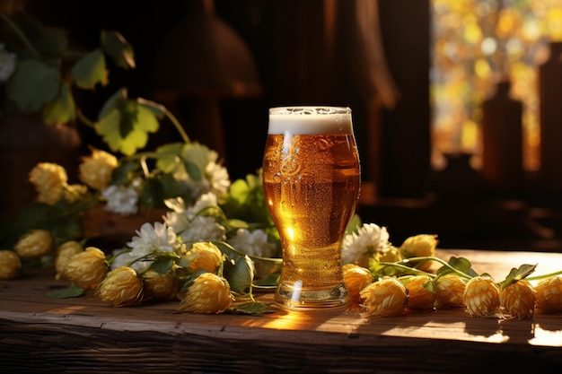 A glass of beer with cones of hops on a wooden table