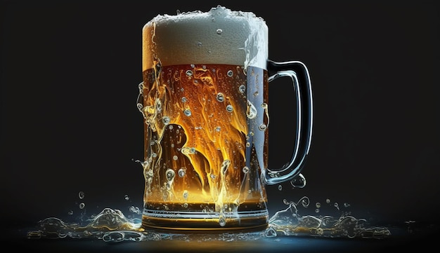 A glass of beer with foam and a beer splashing around it.