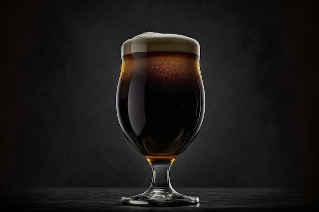 A glass of beer with foam on it and a dark background.