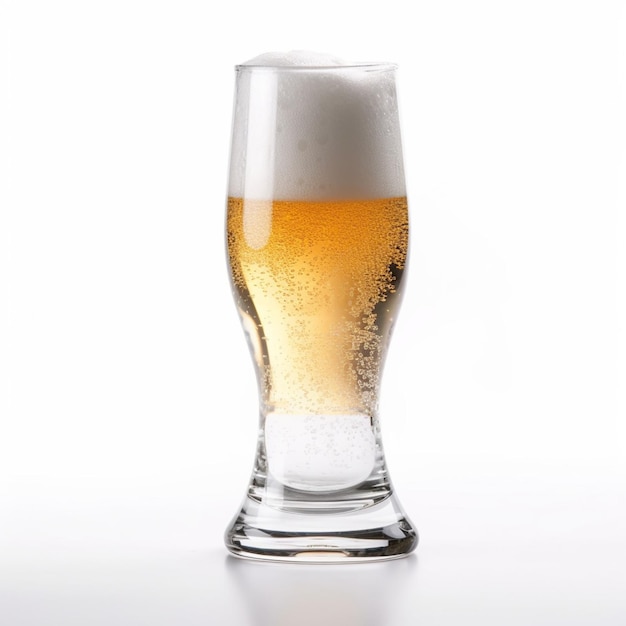 A glass of beer with foam on it and a white background.