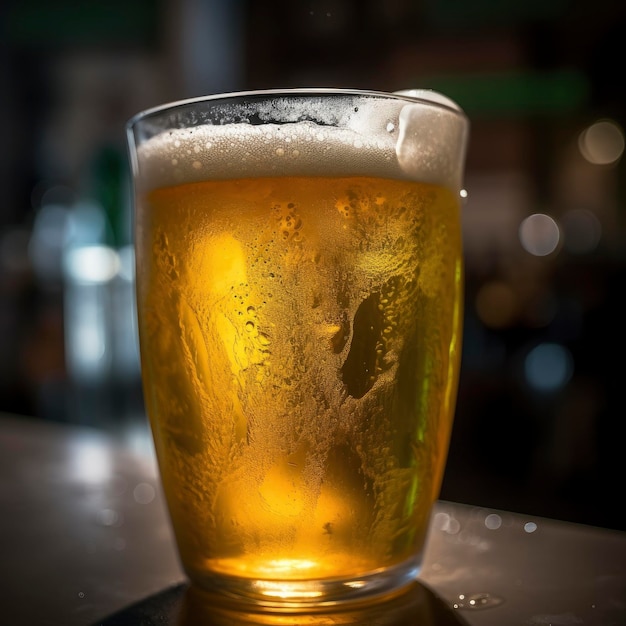 A glass of beer with a foamy head on it.