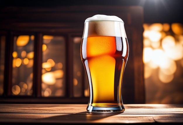 A glass of beer with a foamy head sits on a table in front of a window.