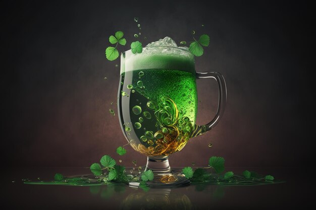 A glass of beer with four green clovers floating around it.