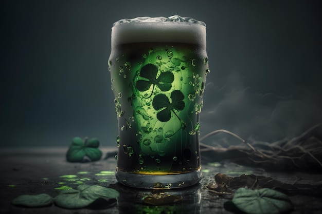 A glass of beer with a green leaf clover on it