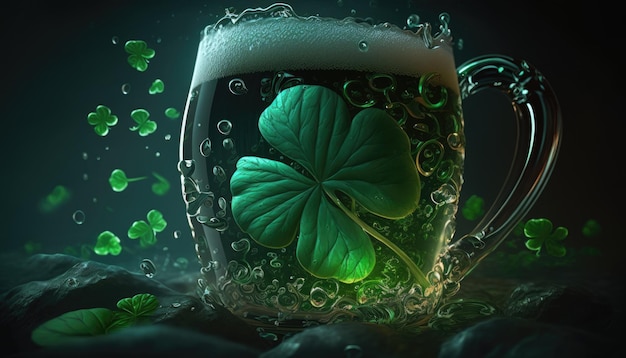 A glass of beer with a green leaf clover on it.