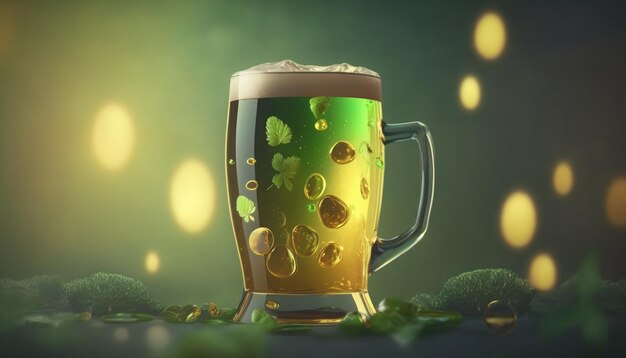 A glass of beer with green leaves on it