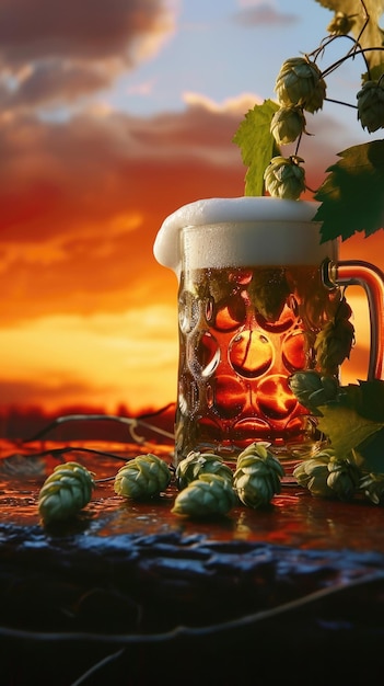 Glass of beer with hops against sunset backdrop brewing concept copy space