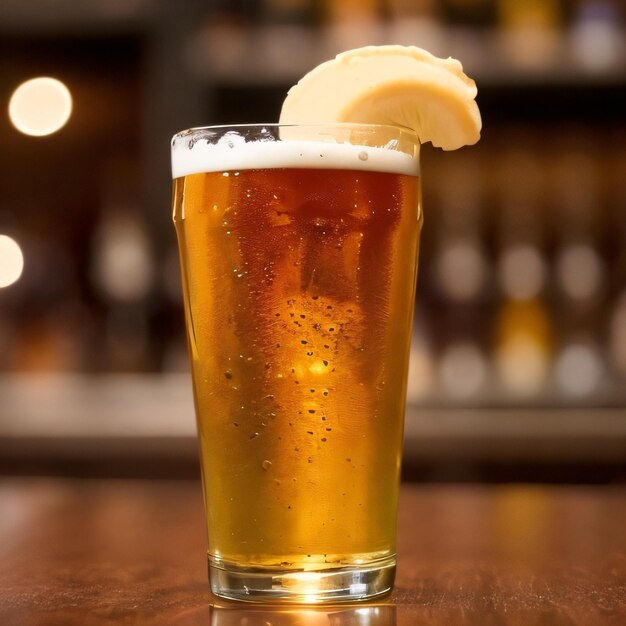 A glass of beer with a lemon on top of it