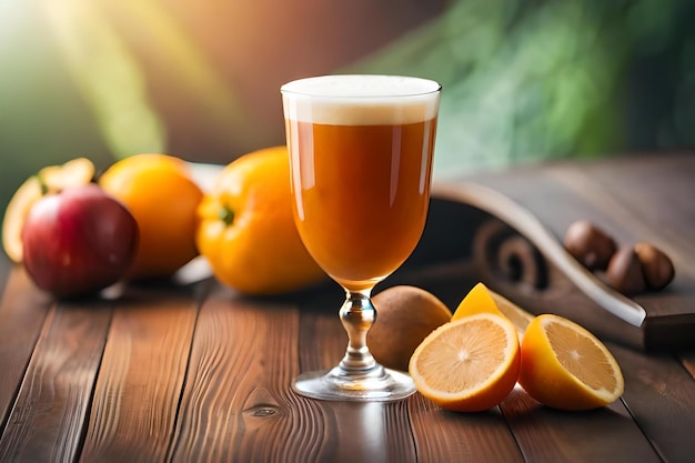 照片一杯啤酒与橘子和柠檬在一个木制的桌子。