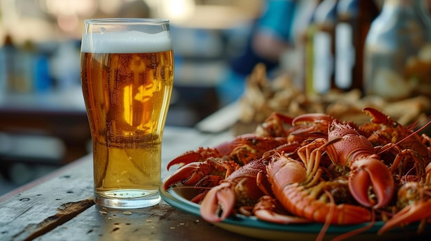A glass of beer with a plate of fresh crayfish