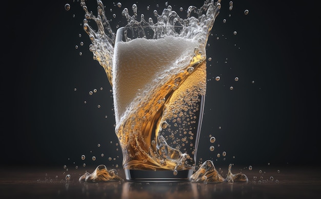 A glass of beer with a splash of beer. ai generated