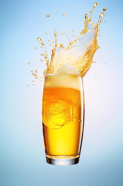 青い背景の泡のスプラッシュでビールのグラス levitation