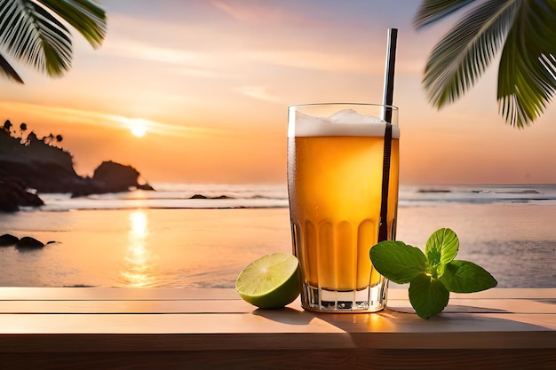 a glass of beer with a straw on the beach and a straw in the foreground.