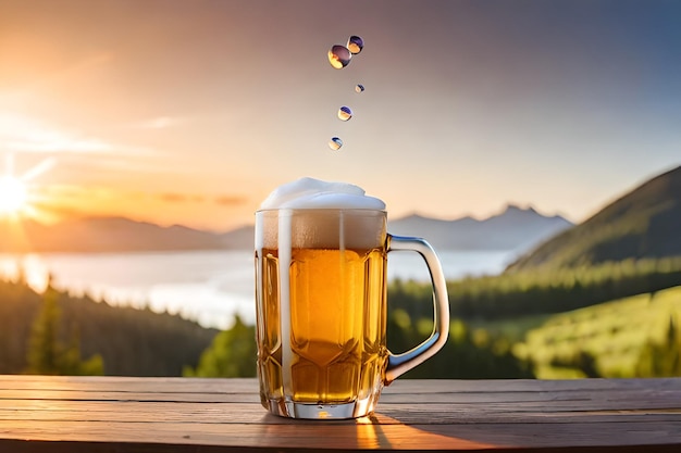 A glass of beer with a sunset in the background
