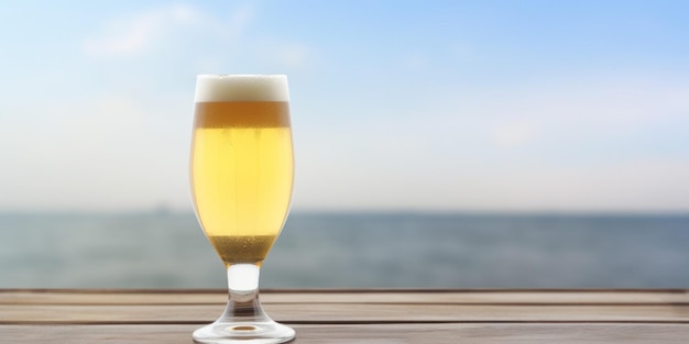 A glass of beer with a view of the ocean in the background