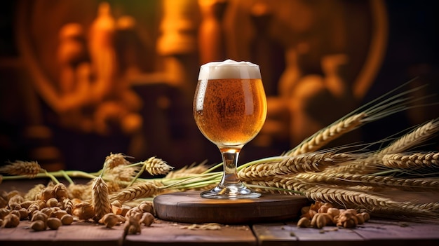 Photo a glass of beer with wheat on a table