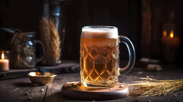 Bicchiere di birra con grano su sfondo di legno ai generato