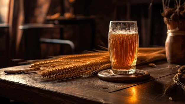 Glass of beer with wheat on wooden background ai generated