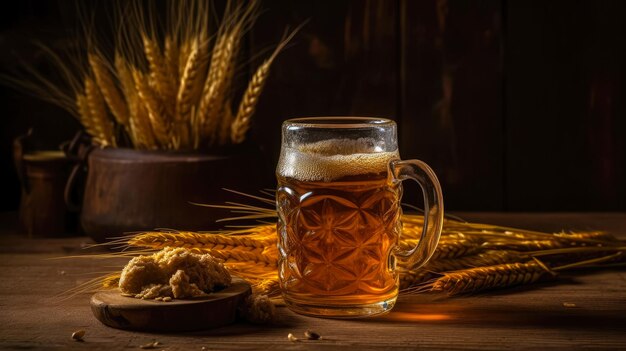 Photo glass of beer with wheat on wooden background ai generated