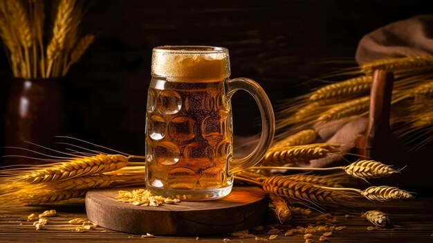 Glass of beer with wheat on wooden background Ai generated