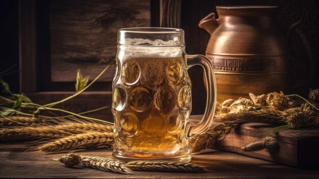 Foto bicchiere di birra con grano su uno sfondo di legno ai generato