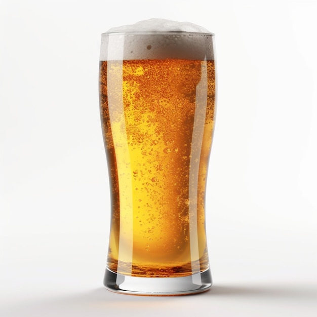 A glass of beer with a white background and a white background.