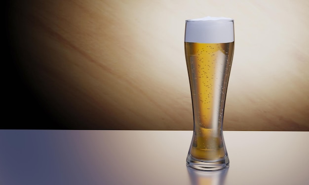 Photo glass beer on wood background and reflextion with copyspace