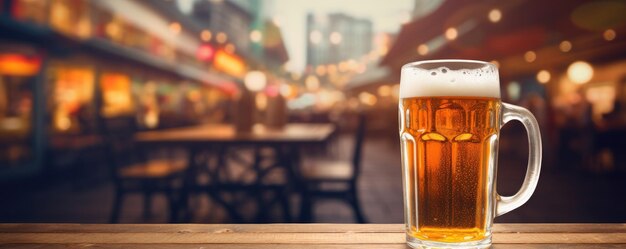 Glass of beer on a wood table in pub Blur backround Copy space Banner Generative ai