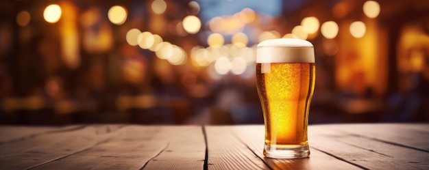 Glass of beer on a wood table in pub Blur backround Copy space Banner Generative ai