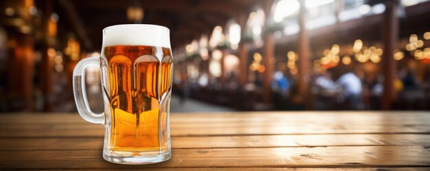 Glass of beer on a wood table in pub Blur backround Copy space Banner Generative ai