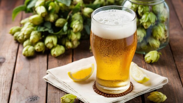 Glass of beer on wood with hop