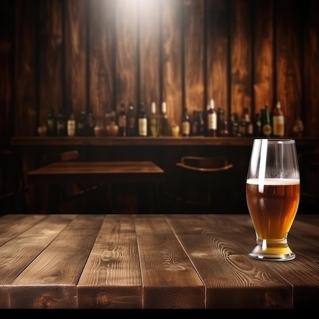 A glass of beer on a wooden table in a bar