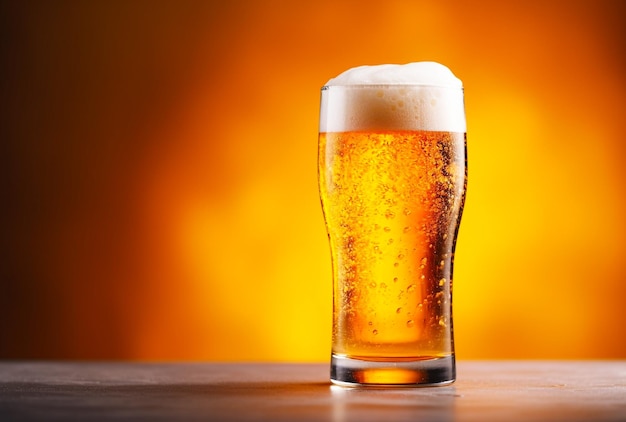 Glass of beer on wooden table Blurred background with space for text copyspace banner Generative Ai