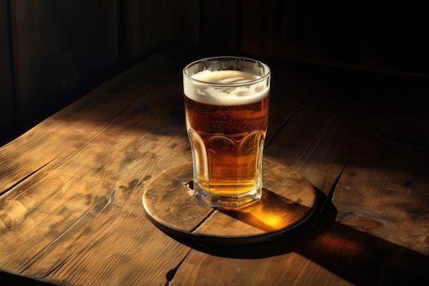 Foto un bicchiere di birra su un tavolo di legno di notte un bicchiere de birra su una tavola di legno ai generato