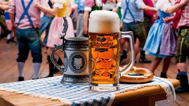 Foto un bicchiere di birra su un tavolo di legno oktoberfest