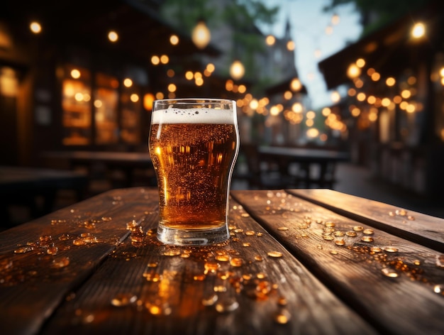 Glass of beer on wooden table in pub closeup