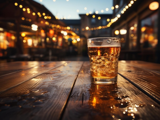 Glass of beer on wooden table in pub closeup