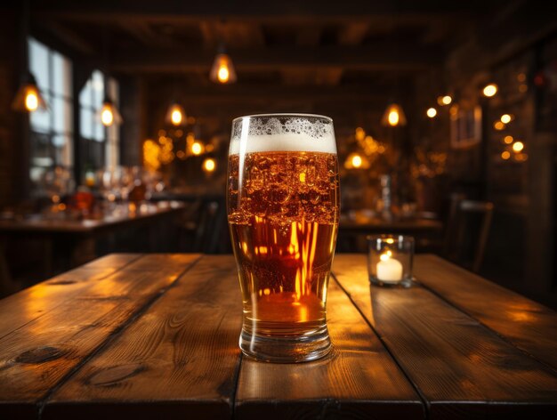 Glass of beer on wooden table in pub closeup